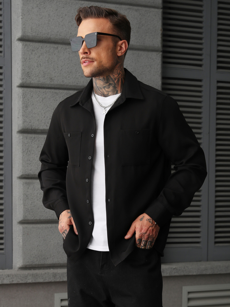 SLATEMANN Men's Single-Breasted Long Sleeve Pocket Shirt Casual Everyday Wear - Black - View 5