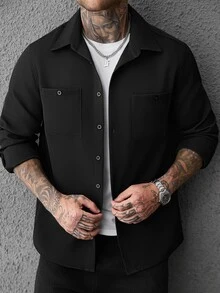 SLATEMANN Men's Single-Breasted Long Sleeve Pocket Shirt Casual Everyday Wear - Black - View 6