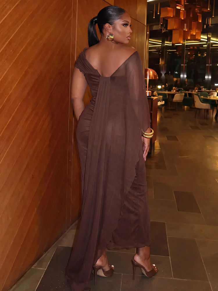 Veslaya Summer New Elegant Sexy Glamorous Solid Brown Ruched Fitted Shawl-Style Ribbon Sheer Mesh Lined Dress For Women Plus Size Suitable For Cocktail Party - Brown - View 2