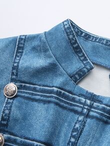 SHEIN Holidaya [Denim Effect] Women's New Fall‑Winter Casual Napoleon Jacket, Button Decor Vintage Court Style Casual Versatile Ladies Fall Jacket - Blue - View 9