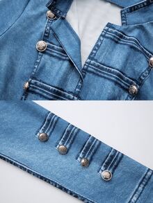 SHEIN Holidaya [Denim Effect] Women's New Fall‑Winter Casual Napoleon Jacket, Button Decor Vintage Court Style Casual Versatile Ladies Fall Jacket - Blue - View 6