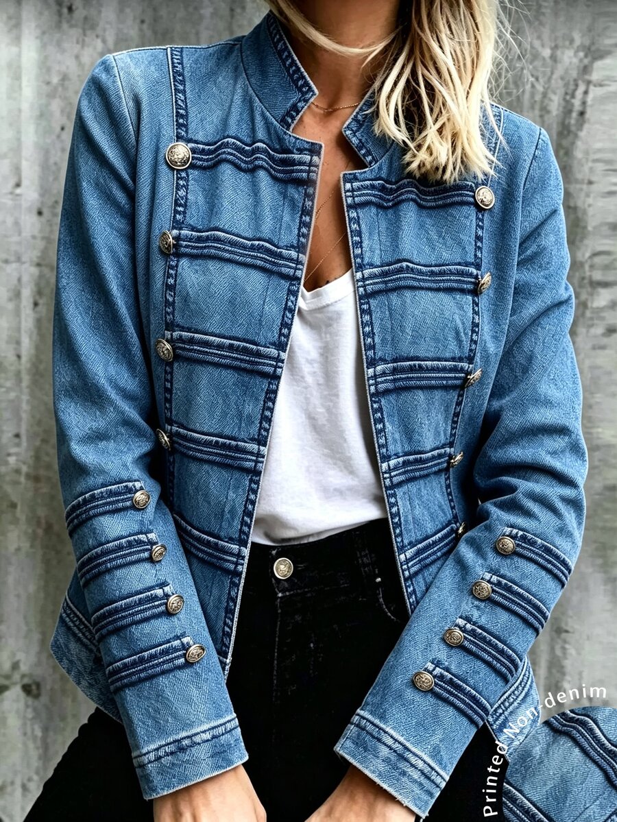 SHEIN Holidaya [Denim Effect] Women's New Fall‑Winter Casual Napoleon Jacket, Button Decor Vintage Court Style Casual Versatile Ladies Fall Jacket