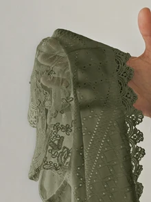 SHEIN Frenchy 女士蕾丝拼接短袖纹理面料夏季T恤 - 軍綠色 - 查看 5