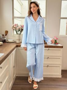 Snug Reverie طقم بيجامة نسائي رومانسي منعش من القطن 100% لفصلي الربيع والخريف، كارديجان بأزرار مع كشكشة وأكمام طويلة وقمة وبنطال بجيوب، ملابس منزلية من قطعتين - أزرق فاتح اللون - مشاهدة 6