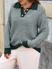 EMERY ROSE Plus Size Casual Striped Sweater, Autumn/Winter - Green - View 4