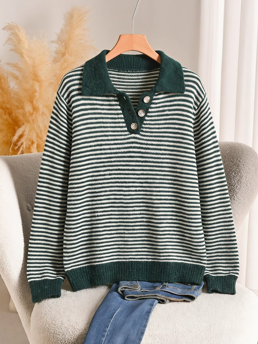 EMERY ROSE Plus Size Casual Striped Sweater, Autumn/Winter - Green - View 1