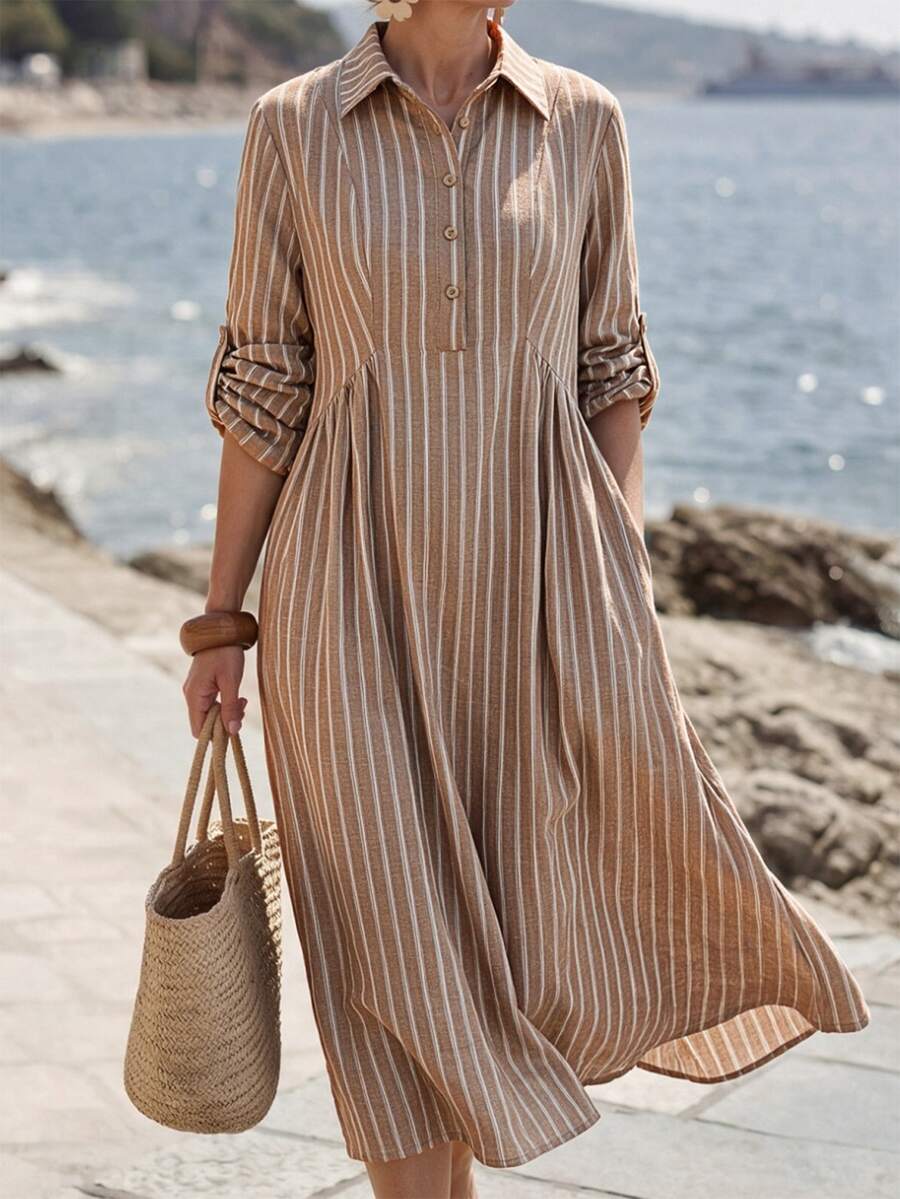 EMERY ROSE Women's Pink And White Striped Rolled Cuff Button Half Placket Mid-Length Shirt Dress Vacation Fall French Casual