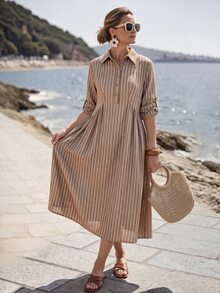 EMERY ROSE Women's Pink And White Striped Rolled Cuff Button Half Placket Mid-Length Shirt Dress Vacation Fall French Casual - Brown - View 9