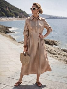 EMERY ROSE Women's Pink And White Striped Rolled Cuff Button Half Placket Mid-Length Shirt Dress Vacation Fall French Casual - Brown - View 8