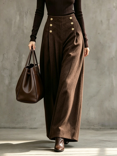 LUMIGAL Pantalones largos de pierna ancha con botones delanteros de mezcla de lana elegantes para mujer, otoño/invierno