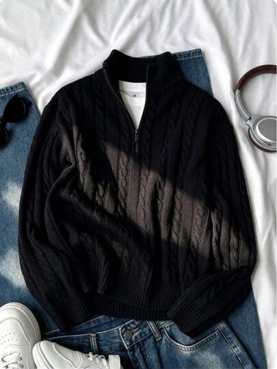 SHEIN Sweater Anak Laki-Laki Usia 1 Tahun - Sweater Rajut Kabel Vintage untuk Anak Laki-Laki Usia 1 Tahun - Warna Beige, Kerah Tinggi Setengah Resleting, Kerah Resleting yang Dapat Diatur, Potongan Reguler, Atasan Campuran Wol untuk Pakaian Sehari-hari di Sekolah, Pakaian Seragam Ayah-Anak, Ide Hadiah Ulang Tahun & Tahun Baru