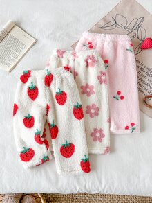 SHEIN Vintaside Kids 3件組女嬰秋冬甜美可愛草莓、櫻桃與粉色花卉圖案絨毛長褲，適合日常穿著、外出及各種室內/戶外場合 - 彩色 - 查看 6