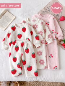 SHEIN Vintaside Kids 3件組女嬰秋冬甜美可愛草莓、櫻桃與粉色花卉圖案絨毛長褲，適合日常穿著、外出及各種室內/戶外場合 - 彩色 - 查看 1