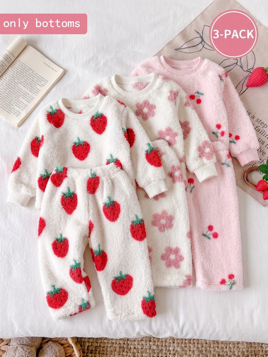 SHEIN Vintaside Kids 3件組女嬰秋冬甜美可愛草莓、櫻桃與粉色花卉圖案絨毛長褲,適合日常穿著、外出及各種室內/戶外場合 - 彩色 - 查看 1