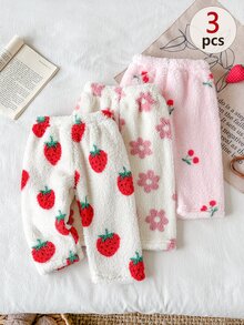 SHEIN Vintaside Kids 3件組女嬰秋冬甜美可愛草莓、櫻桃與粉色花卉圖案絨毛長褲，適合日常穿著、外出及各種室內/戶外場合 - 彩色 - 查看 8