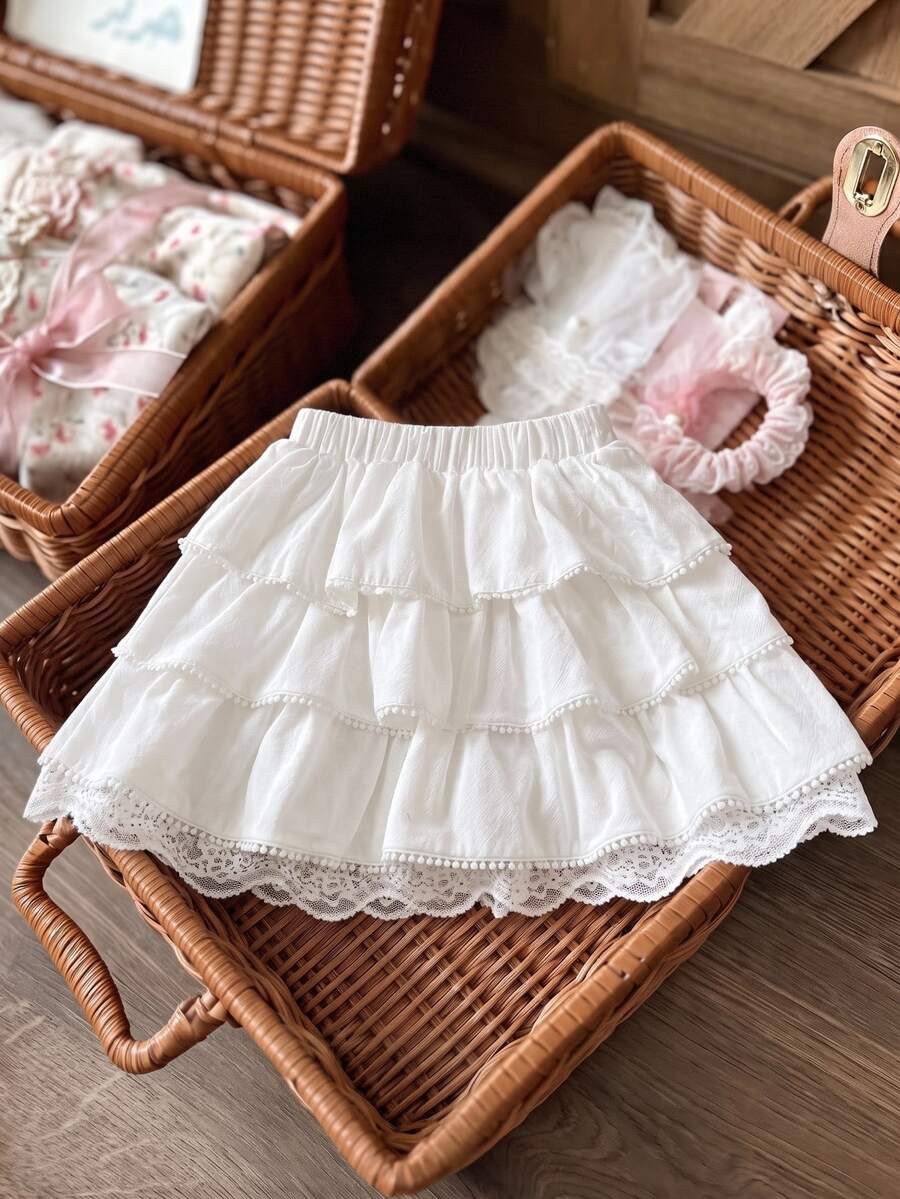 Elladie kids Young Girl Wedding 7th Birthday Beach Solid Color Elastic Waist Contrast Lace Ruffle Hem A-Line Skirt White Autumn Fairy Princess