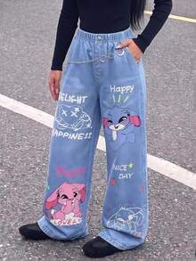 SHEIN ChillGRL 青少年女孩秋季高腰可愛卡通印花休閒長褲 返校季街頭風大學校園運動正裝白色 - 藍色 - 查看 2