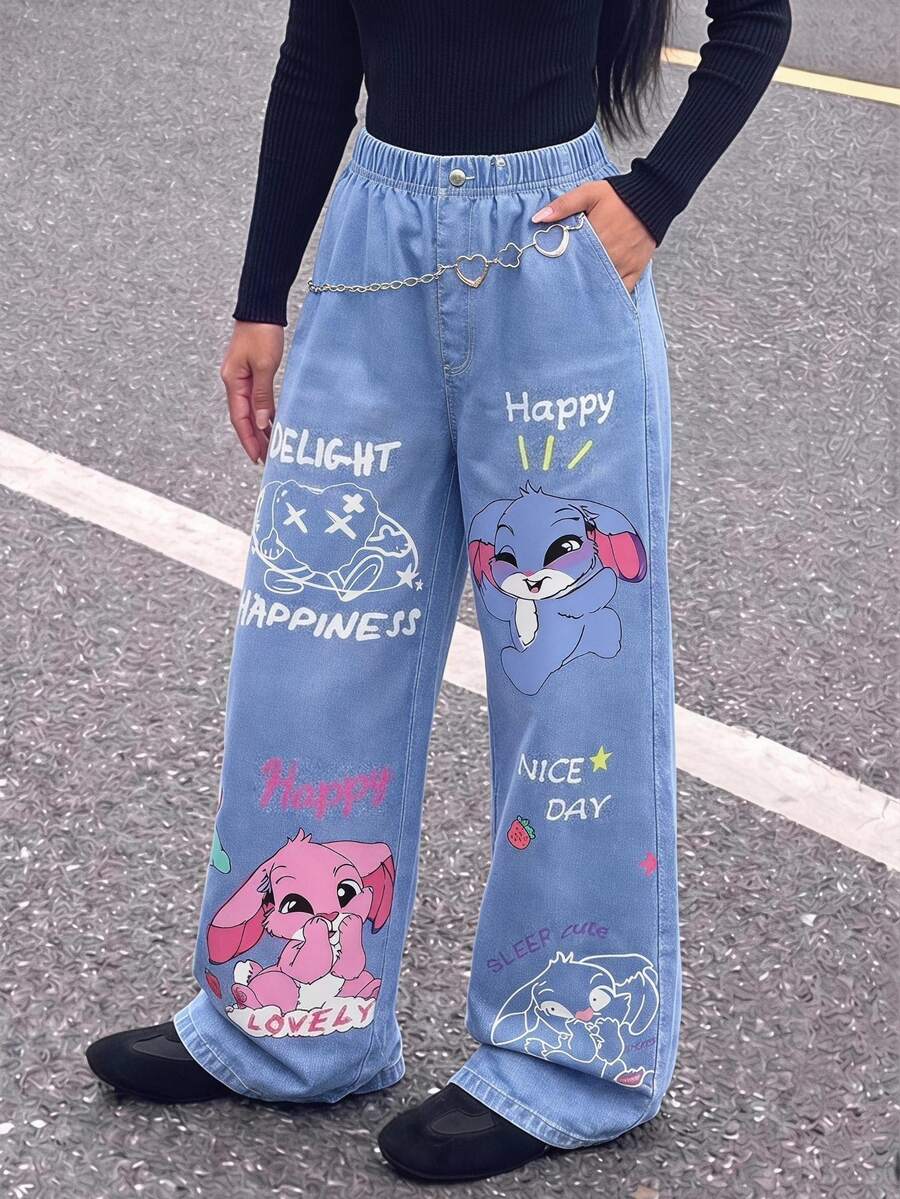 SHEIN ChillGRL 青少年女孩秋季高腰可愛卡通印花休閒長褲 返校季街頭風大學校園運動正裝白色
