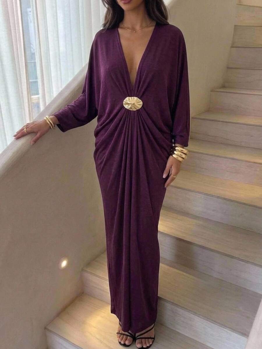 Aloruh Women's Elegant V-Neck Ruched Fitted Batwing Sleeve Cinched Waist Dark Purple Dress, Elegant Dresses For Women,Birthday Dress ,Night Out Outfit - Purple - View 1