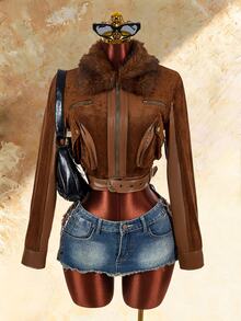 Amplova Women's Fur Collar Zip-Up Long Sleeve Cropped Jacket - Brown - View 11