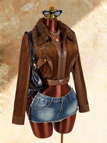 Amplova Women's Fur Collar Zip-Up Long Sleeve Cropped Jacket - Brown - View 13