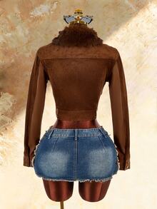 Amplova Women's Fur Collar Zip-Up Long Sleeve Cropped Jacket - Brown - View 16