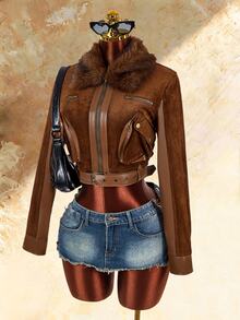 Amplova Women's Fur Collar Zip-Up Long Sleeve Cropped Jacket - Brown - View 7