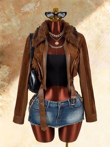 Amplova Women's Fur Collar Zip-Up Long Sleeve Cropped Jacket - Brown - View 4