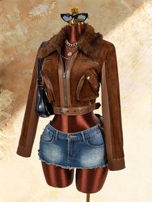Amplova Women's Fur Collar Zip-Up Long Sleeve Cropped Jacket - Brown - View 12