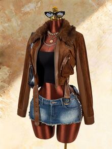 Amplova Women's Fur Collar Zip-Up Long Sleeve Cropped Jacket - Brown - View 1