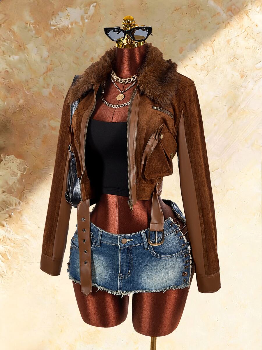 Amplova Women's Fur Collar Zip-Up Long Sleeve Cropped Jacket - Brown - View 1