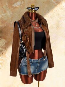Amplova Women's Fur Collar Zip-Up Long Sleeve Cropped Jacket - Brown - View 15