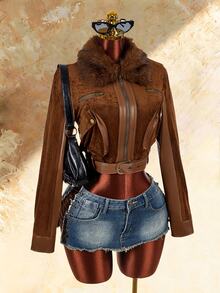 Amplova Women's Fur Collar Zip-Up Long Sleeve Cropped Jacket - Brown - View 8