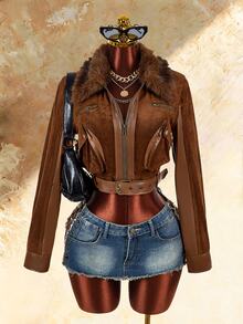 Amplova Women's Fur Collar Zip-Up Long Sleeve Cropped Jacket - Brown - View 3