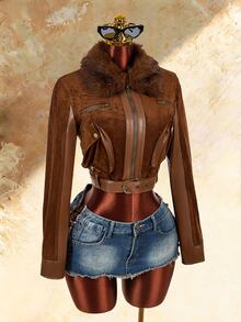 Amplova Women's Fur Collar Zip-Up Long Sleeve Cropped Jacket - Brown - View 9