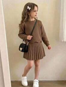 Souflis 女童冬季針織兩件套，可愛蝴蝶結套頭毛衣與百褶裙套裝，適合幼兒 - 棕色 - 查看 1