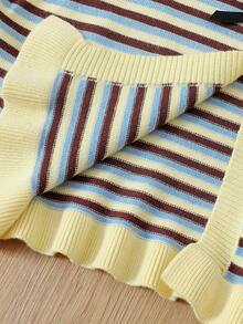 SHEIN Fall Winter Tween Girl Yellow Adorable Long Sleeve Striped Bow Knit Cardigan, Back To School, Cozy Soft, Festival Christmas - Yellow - View 6