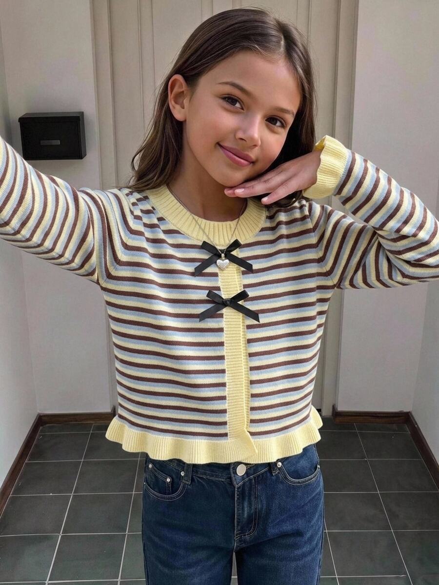 SHEIN Fall Winter Tween Girl Yellow Adorable Long Sleeve Striped Bow Knit Cardigan, Back To School, Cozy Soft, Festival Christmas - Yellow - View 1