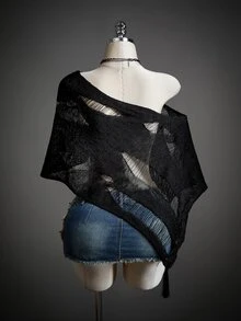 Amplova Women's Asymmetric Neck Distressed Casual Versatile Daily Wear Knit Top - Black - View 8