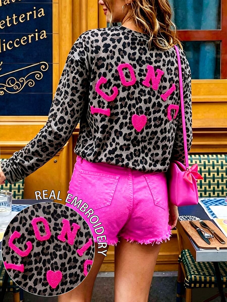 DrmWander Kaos Lengan Panjang Wanita Kasual Leher Bulat Motif Leopard Bordir Pola ICONIC, Hadiah untuk Teman - MultiWarna - View 1