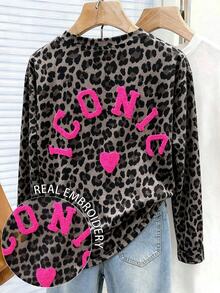 DrmWander Kaos Lengan Panjang Wanita Kasual Leher Bulat Motif Leopard Bordir Pola ICONIC, Hadiah untuk Teman - MultiWarna - View 3