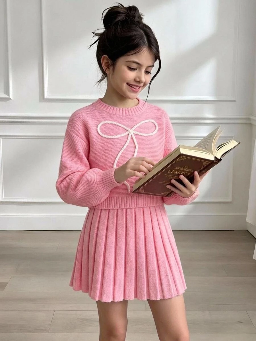 SHEIN 2pcs Girls Sweater Set, Simple Round Neck Pink White 3D Large Bow Decor, Dropped Shoulder Long Sleeve Pullover Paired With Pleated Skirt, School, Cute - Pink - View 1