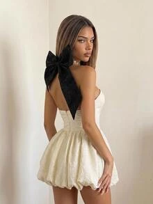 SHEIN ICON Cross Neck Fit & Flare Dress With Oversized Bow Decor, For Women - White - View 1