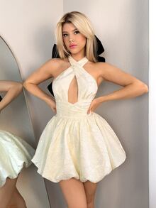 SHEIN ICON Cross Neck Fit & Flare Dress With Oversized Bow Decor, For Women - White - View 4
