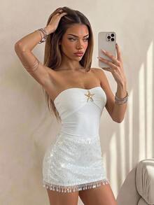 Sweetina Setelan 2 Potong Wanita: Atasan Bandeau dan Rok Mini Pinggang Rendah - Krem - View 1