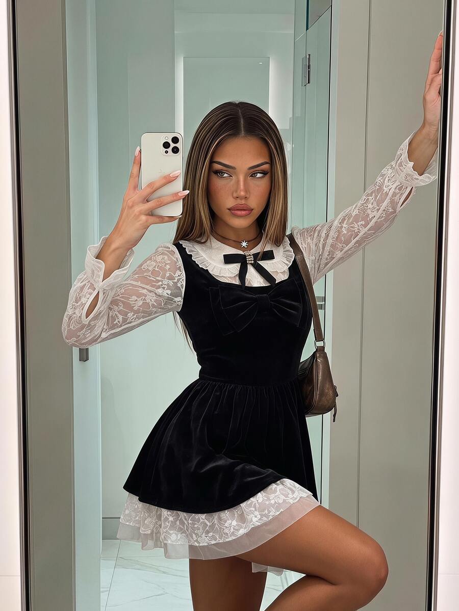SHEIN ICON French Elegant Lace Waist-Cinching Mesh Velvet Long Sleeve 2 In 1 Mini Dress - Black - View 1