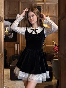 SHEIN ICON French Elegant Lace Waist-Cinching Mesh Velvet Long Sleeve 2 In 1 Mini Dress - Black - View 4