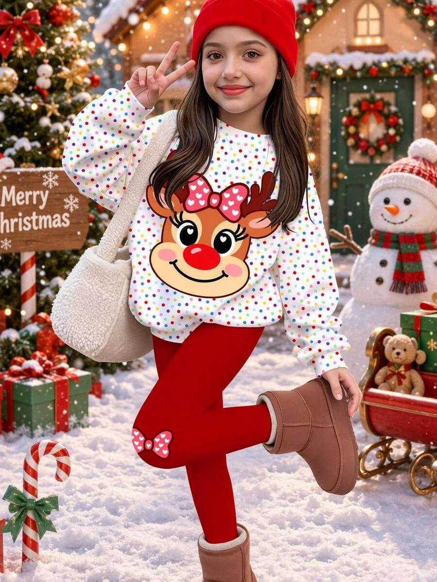 女童休閒聖誕可愛麋鹿圖案波點雪花節慶風圓領保暖內裡長袖衛衣＋內搭褲2件套，適合秋冬聖誕套裝，秋季風格，可愛 - 彩色 - 查看 1