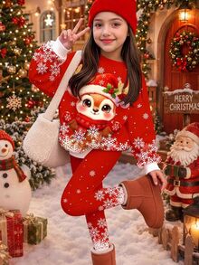 女童休閒聖誕可愛可愛風 聖誕馴鹿圖案、雪花、費爾島圖案 聖誕紅圓領抓絨內裡長袖運動衫與內搭褲2件套，適合秋冬聖誕套裝，秋季風格，可愛 - 彩色 - 查看 1