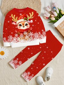 女童休閒聖誕可愛可愛風 聖誕馴鹿圖案、雪花、費爾島圖案 聖誕紅圓領抓絨內裡長袖運動衫與內搭褲2件套，適合秋冬聖誕套裝，秋季風格，可愛 - 彩色 - 查看 2